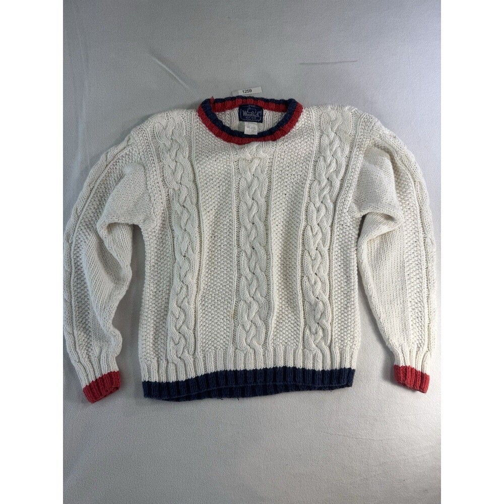 Woolrich Womens Cable Knit Sweater Medium Cream Fisherman Knit Red Navy Trim